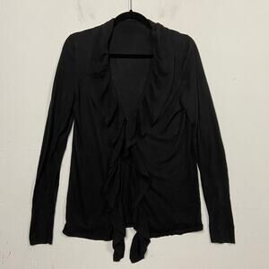 Women's Black Silk Cashmere Ruffle Front Whimsigoth Minimalist Cardigan Sweater